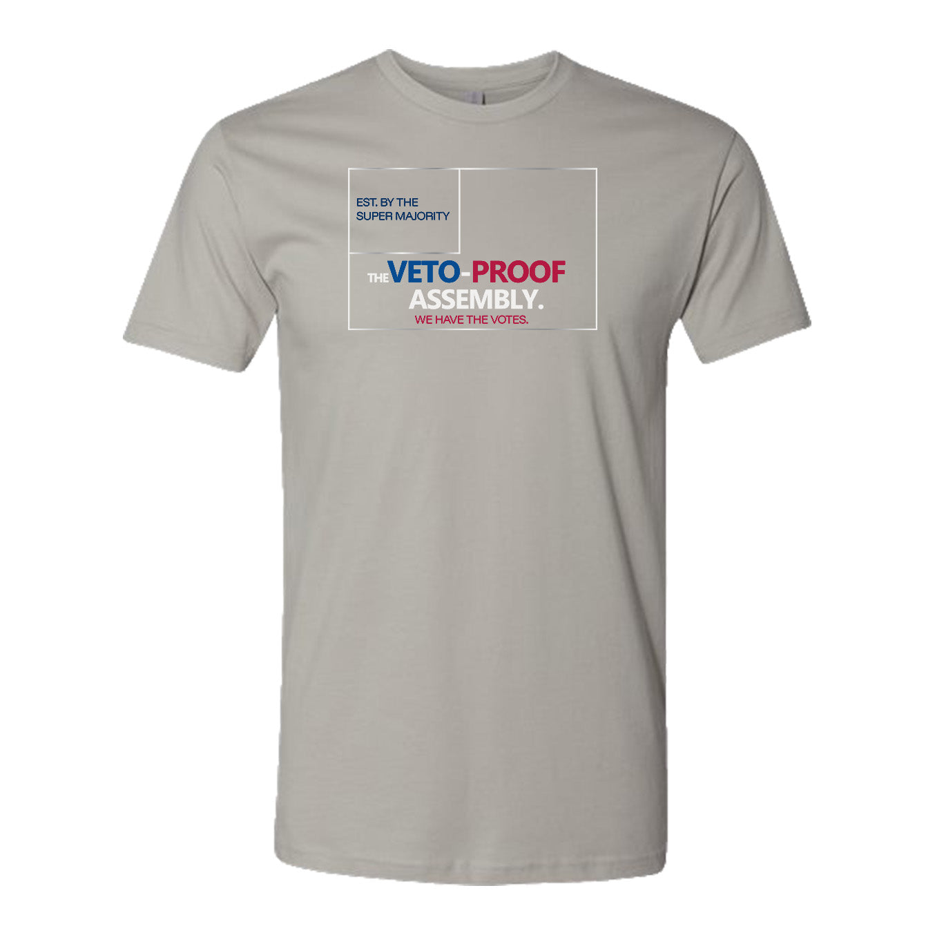 Close-up detail of the printed logo and fabric texture on the Light Grey Veto-Proof Assembly T-shirt.