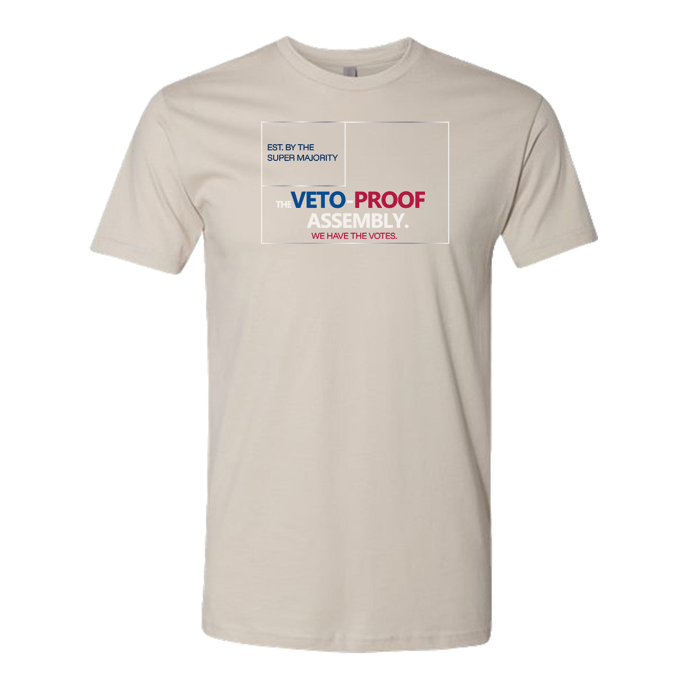 Close-up detail of the printed logo and fabric texture on the Sand Veto-Proof Assembly T-shirt.